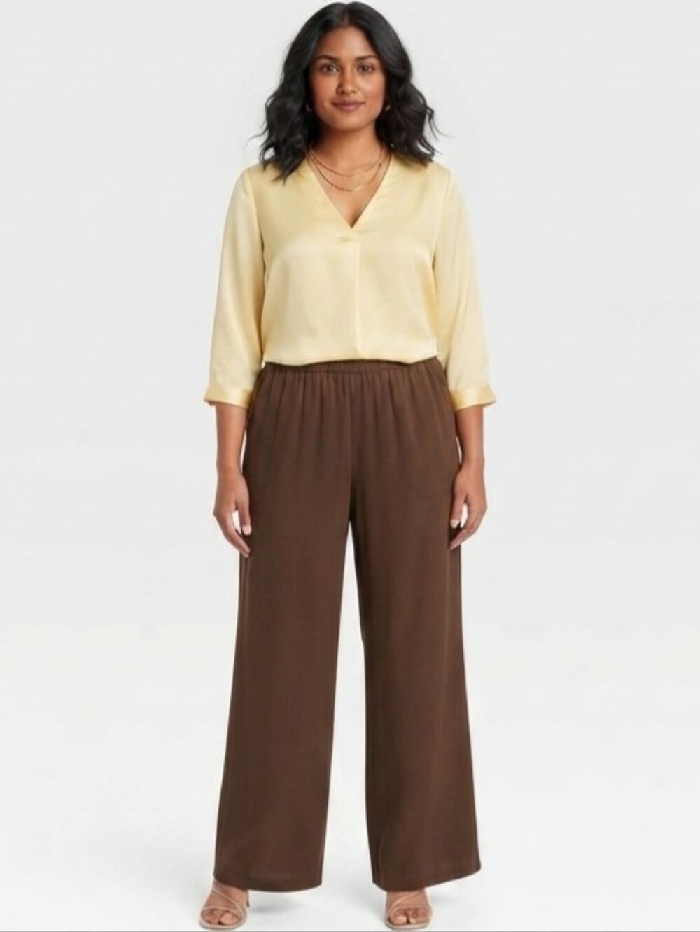 A New Day Chocolate Brown Flowy Wide Leg Pull On Pants L Pockets Minimalist NWT